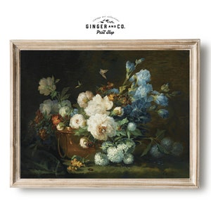 Framed floral still life oil painting print with blue irises and white roses