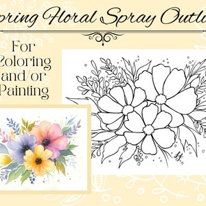 Floral spray outline drawing sheet with large flowers and small leaves for coloring or painting