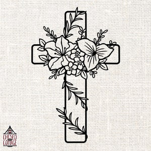Floral cross SVG with bouquet-style flowers and leaves wrapped around a vertical cross