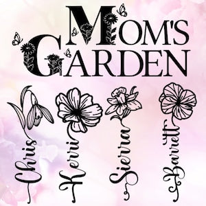 Mother's Day SVG bundle with “Moms Garden” lettering, flowers, butterflies, and script text