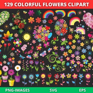 Colorful floral clipart bundle with flower icons, rainbows, and plant pot elements