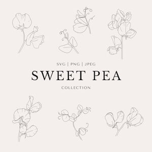 Sweet pea clip art set of minimal fine-line flowers with SWEET PEA title