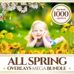 Spring and flowers overlay mega bundle cover with smiling child in a flower field