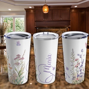 20 oz insulated tumbler set with pressed floral lavender designs and lids, stainless steel
