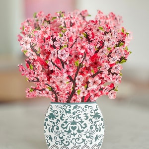 Popup cherry blossom flower greeting card with pink 3D blossoms and patterned blue vase