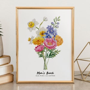 Personalised birth flowers print, floral bouquet with yellow and pink flowers and purple accents