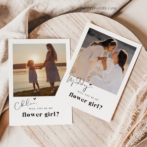 Flower girl proposal card template with 'Will you be my flower girl?' text on photo-style cards