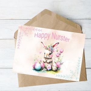 Happy Nuster nurse Easter postcard with watercolor bunny and flowers, in kraft envelope