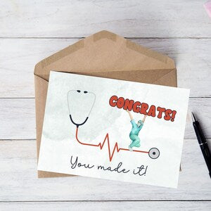 Graduation congratulation card with stethoscope design, 'Congrats!' and 'You made it!'