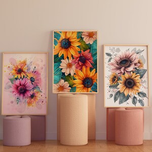 Set of three floral wall art prints with colorful sunflower bouquets in white frames