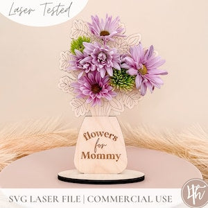 Wood flower holder with purple floral bouquet and 'flowers for Mommy' engraving