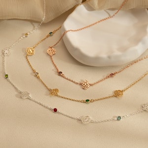 Birth flower charm necklaces with small birthstone beads and clover-like flower pendants