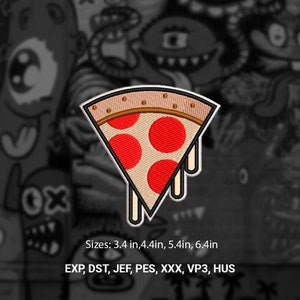 Pizza slice iron-on patch with red and white dots on tan background