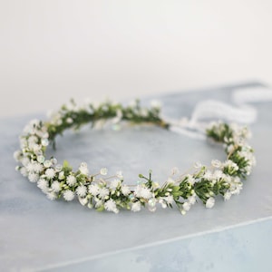 White flower crown with tiny white blossoms and crystal bead accents