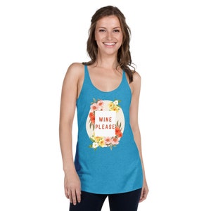 Women's blue racerback tank with floral 'Wine Please' graphic