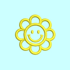 Smiley flower embroidery design with yellow petals and cheerful face