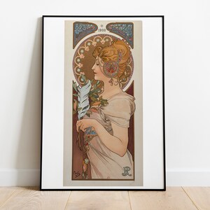 Semi-glossy paper poster with Art Nouveau woman portrait and floral ornament artwork