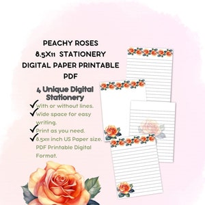 8.5x11 printable stationery sheets with peach rose floral borders and lined writing pages