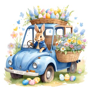 Watercolor Easter bunny with blue truck, flower basket, and pastel eggs on grass