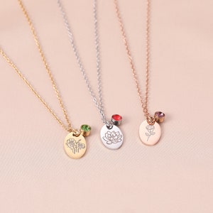 Birthstone and birth-flower pendant necklaces on chain, gold, silver, rose-gold tones