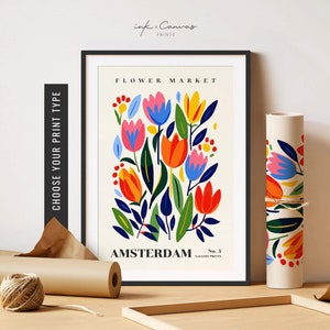 Framed floral poster with colorful tulips and text 'FLOWER MARKET' 'AMSTERDAM'