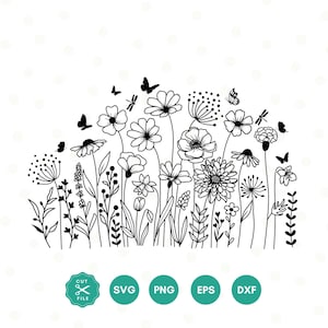 Botanical wildflower and butterfly SVG set with line-art flowers and butterflies