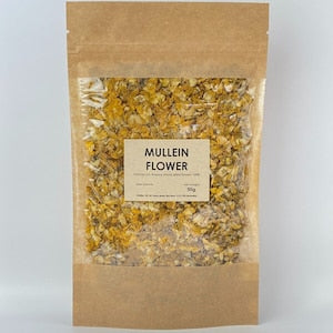 Mullein flower herbal tea in a kraft pouch with yellow dried blossoms