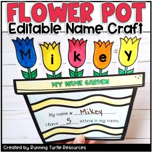 Colorful flower pot name craft page with editable letters spelling Mikey