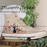 Jiji Cat Embroidered Converse, Converse Ghibli Cartoon, Custom Pet Converse, Adorable Jiji Cat Custom, Embroidery Jiji Cat Converse 1970s