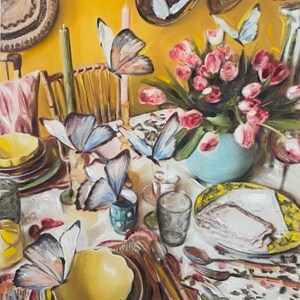 Still life wall painting with butterflies, pink flowers in a vase, tabletop setting