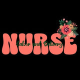 Nurse labor and delivery PNG graphic: coral 'NURSE' text with flower bouquet