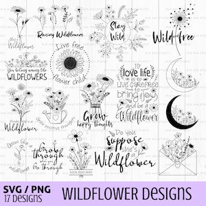 Wildflower SVG bundle with 17 floral quote and plant design graphics