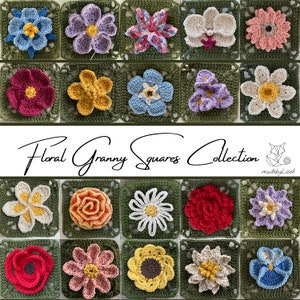 Floral granny squares crochet ebook cover with multiple flower-shaped crocheted squares