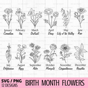 Birth month flower line-art SVG set, 12 black botanical plants, month labels