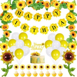 Sunflower birthday party kit with Happy Birthday banner, balloons, and table decor