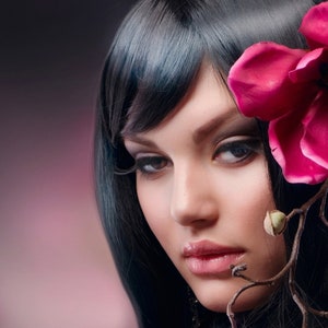Portrait art print of a woman with dark hair and red flower at her side