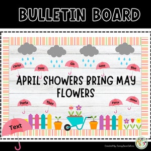 April Showers bulletin board kit with colorful spring border, clouds, and plant pots text