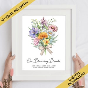 Framed floral birth month bouquet digital download art print with colorful flowers and text