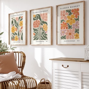 Set of three botanical flower market wall art prints in colorful abstract poster frames