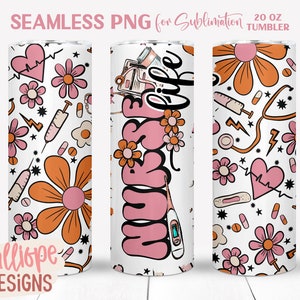 Nurse-themed tumbler wrap with stethoscope, hearts, and pink orange floral icons pattern