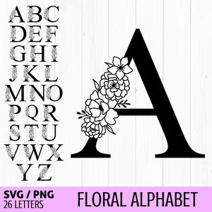 Floral letter A graphic with white uppercase outline and black flower design