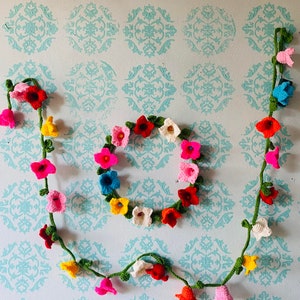 Crochet floral wreath pattern with colorful flowers and garland, printed PDF design