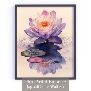 Framed lotus flower wall art print with purple petals on neutral background