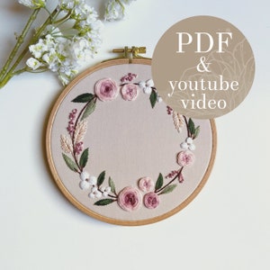 Embroidery hoop floral wreath embroidery pattern with pink roses and green leaves