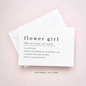 White flower girl proposal postcard with folded card and printed quote text