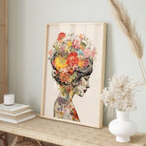 Modern vintage poster: portrait with colorful flowers | Stylish wall art | Colorful flowers decoration