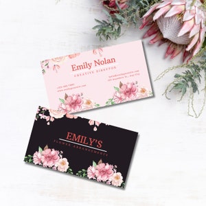 Floral business card template, pink and black with pink blossoms and name text.
