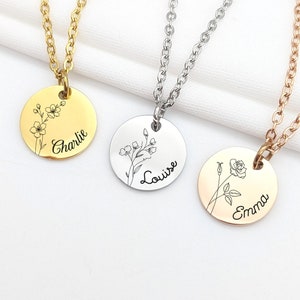 Round name pendant necklaces with floral line art and gold, silver, and rose-gold chains