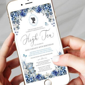 Blue and white floral tea party digital invitation on a smartphone screen