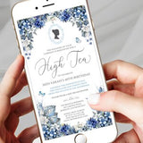High Tea Electronic Mobile Invitation with Blue & White Flowers, Bridgerton Cameo, Butterflies, Teapot, Corjl Editable Digital Download